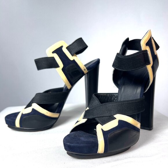 BALENCIAGA Women's Suede & Leather Heels Peep Toe Sandals, Size 37, Black/Cream - Picture 1 of 6